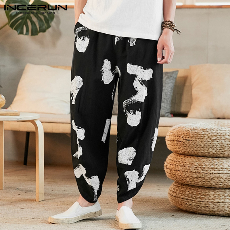 

Printing Men Harem Pants 2020 Vintage Joggers Baggy Pockets Casual Pantalon Elastic Waist Streetwear Trousers Men INCERUN -5XL, Black