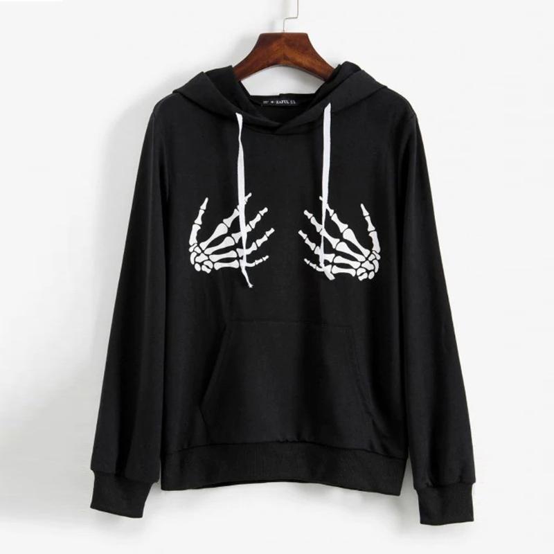 

Harajuku Hoodies skeleton Print Hooded Tops Women Men Sweatshirt Long-sleeved Winter Plus Velvet Thickening Coat Streetwear, Black