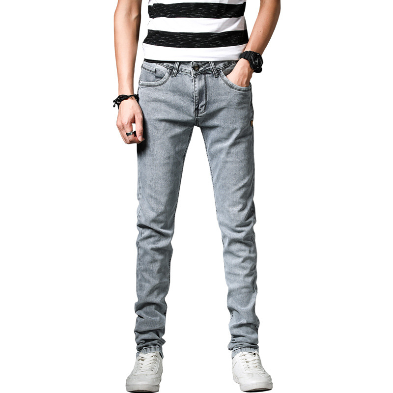 

2020 Vintage Style Men Pants Jeans Slim Fit Mid Waist Button Design Plus Size Classic Skinny Smoky Gray Jeans Men Pencil Pant