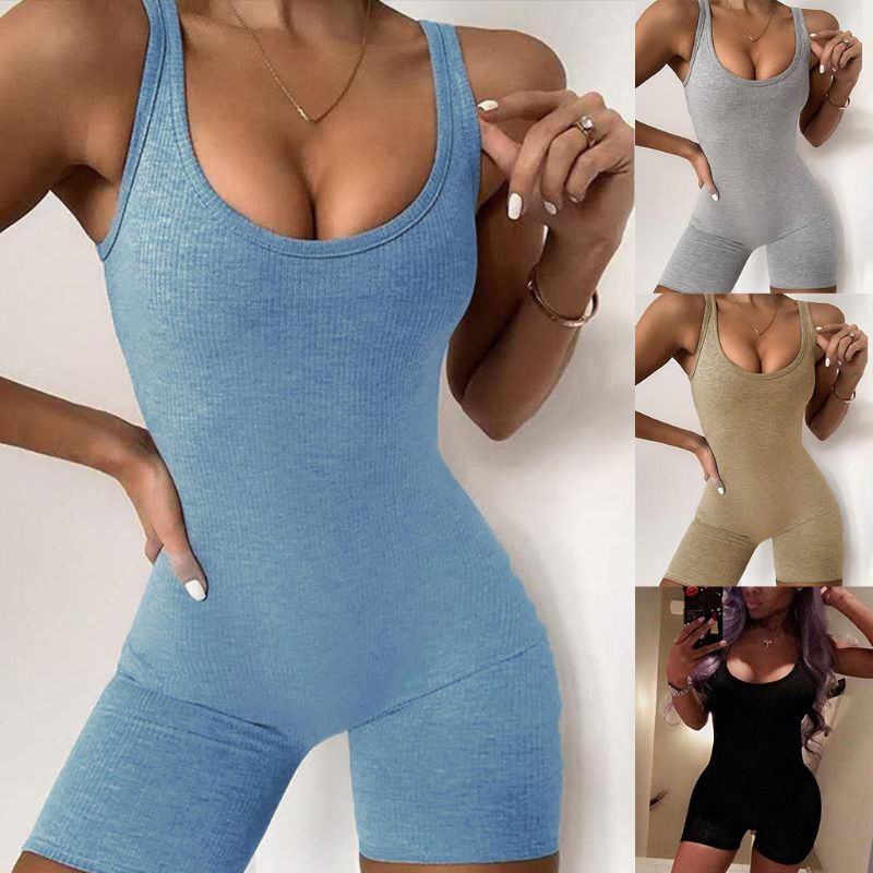 

Women Sleeveless Fitness Jumpsuit Playsuit Ribbed Biker Shorts Bodycon Rompers Jumpsuit, Blue