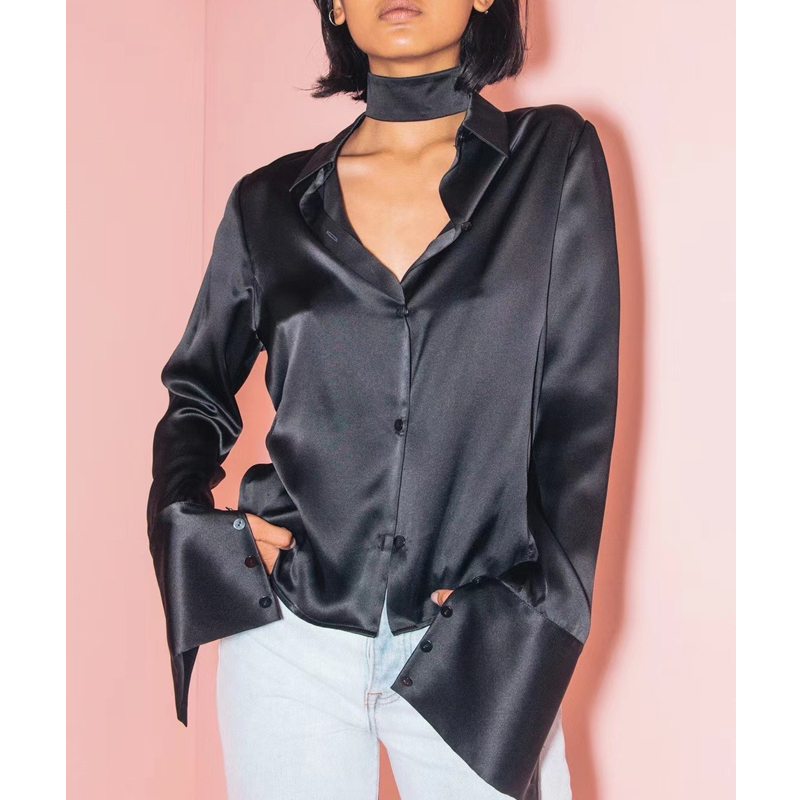 

23 Summer New Sexy Satin Silk Shirt Ladies Fashion Detachable Neckline Long Sleeve Solid Color Blouse 4Color, Beige