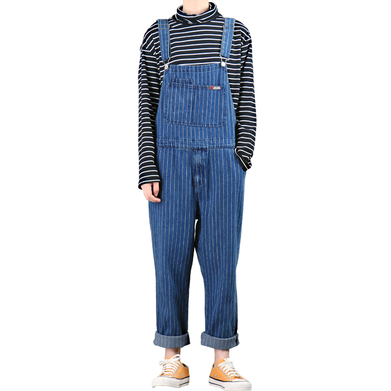 

Jeans Men Japanese Retro Striped jeans Men's Straight Loose Overalls Suspenders Korean version of the overalls, Blue