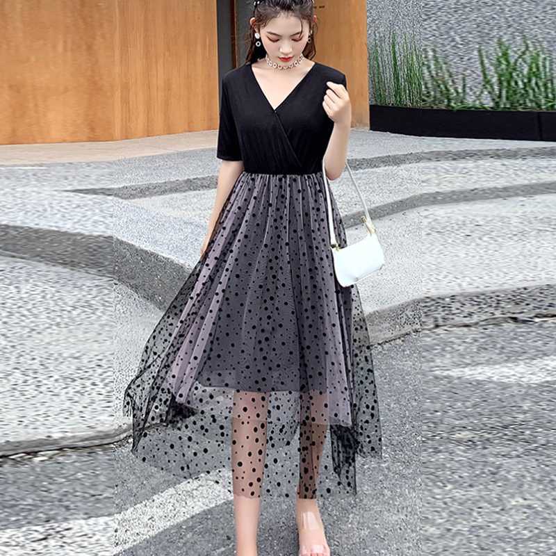 

Maternity Nursing Dress for Pregnant Women Polka Dots Mesh Patchwork Breastfeed Dresses Summer Elegant Fashion Pregnancy Clothes, Black