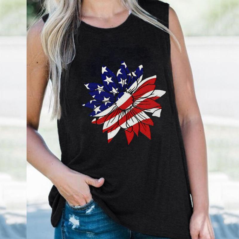 

New Women Summer Tops Sleeveless Sunflower American Flag Print Yoga Top Casual O-Neck Yoga Tops Streetwear Ladies Vest 2020, Black