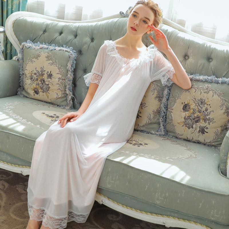 

Sweet Girl Lace Mesh Modal Night Dress Women Short Sleeve Midi Dress Sleepwear Plus Size Loose Lingerie Long Nightgown, Black