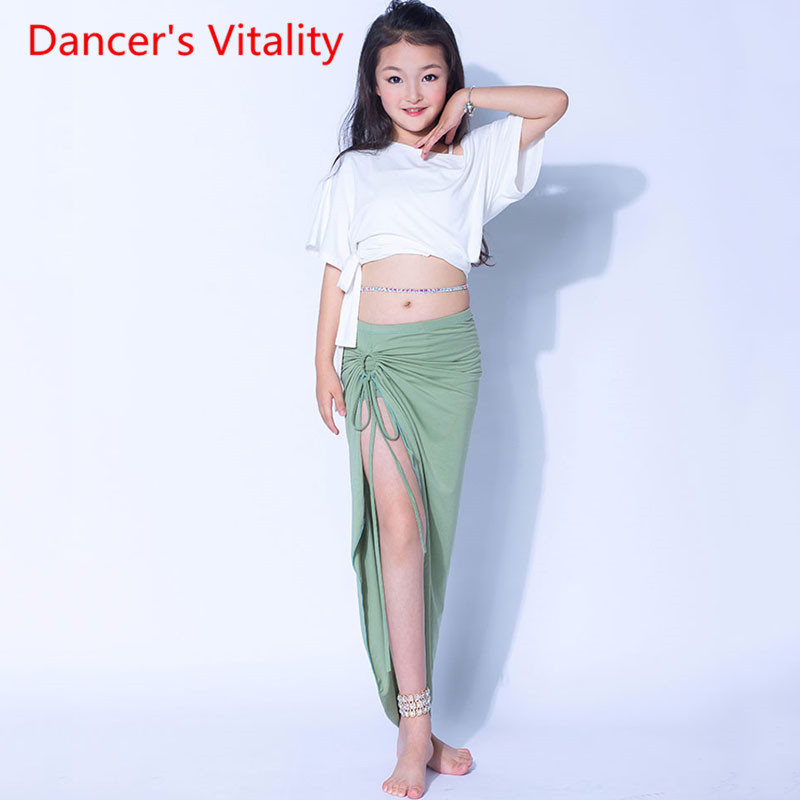 

Dance Performance Dress Children's Solid Color Belly Dance Skirt Girl's training Suit Off ShoulderTop Set Kids Oriental DanceSET, Green