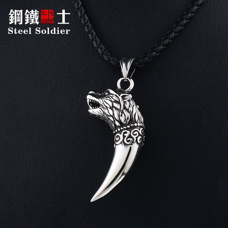 

Steel soldier vintage viking wolf fang tooth ring 316l stainless steel choker chain popular animal jewelry male female gift