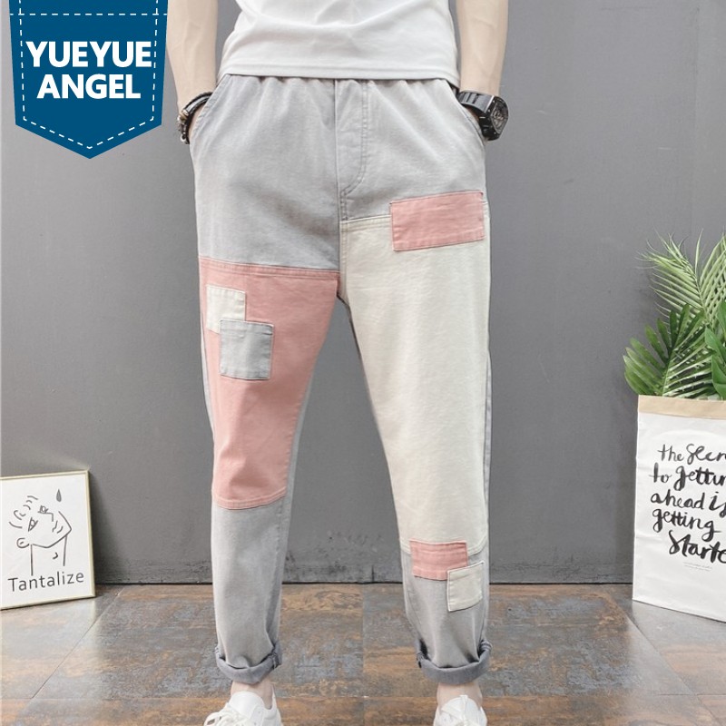 

Summer Men Casual Ankle-Length Pencil Pants Street Patchwork Elastic Waist Harem Pants Pocket Slim Fit College Beggar, As picture