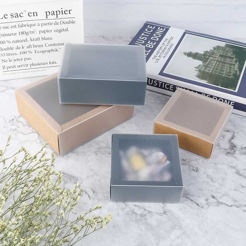 

10pcs Wedding Cookie Candy Cake Boxes Kraft Paper Packing Box With Transparent PVC Window Black Delicate Drawer Display Gift Box