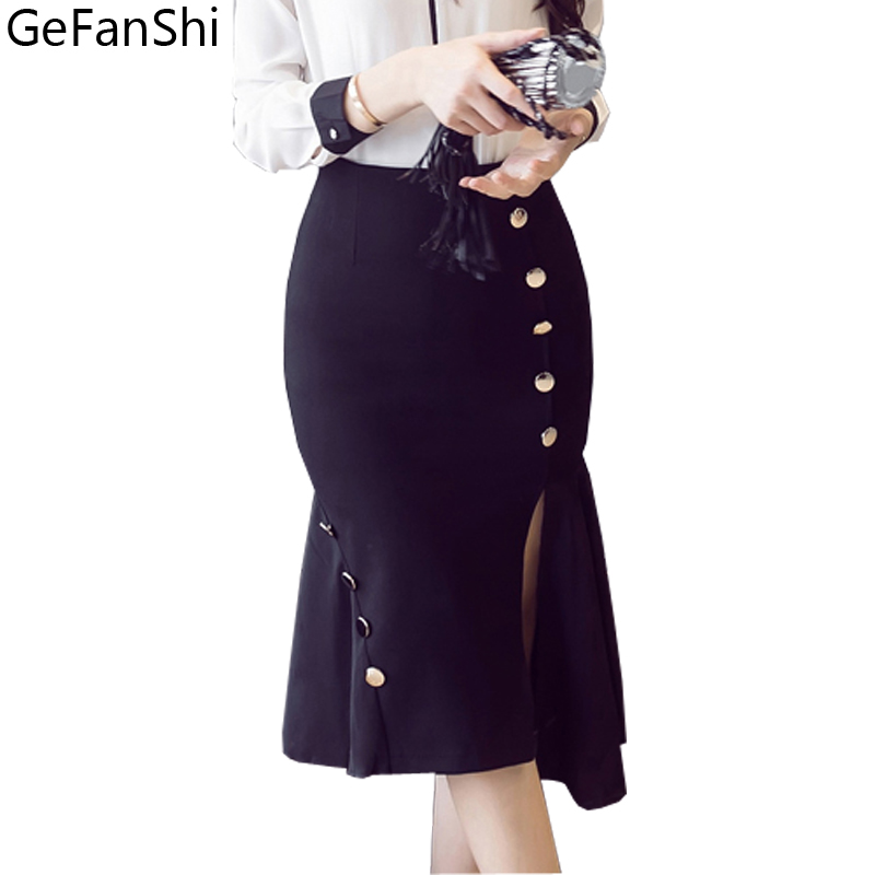 

Autumn Womens Elegant Vintage Chiffon Patchwork Open Split Skirts High Waist Casual Party Button Fashion Slim Sexy Midi Skirt, Black