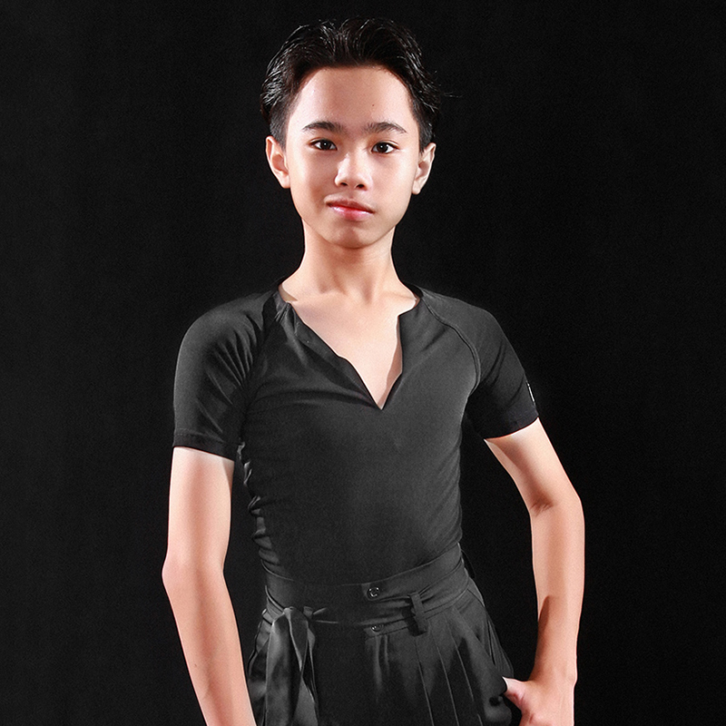 

Latin Dance Shirts V-Neck Short Sleeve Top Children Latin Dancing Practice Clothes Cha Cha Tango Samba Salsa Stage Wear DN6232, Black