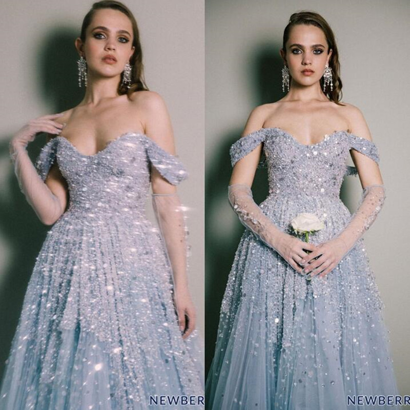 

Evening Dresses Sexy Off-Shoulder Lace Appliques Sequins Beads Prom Gowns 2020 Custom Made Sweep Train A Line Special Occasion Dress, Same as picture