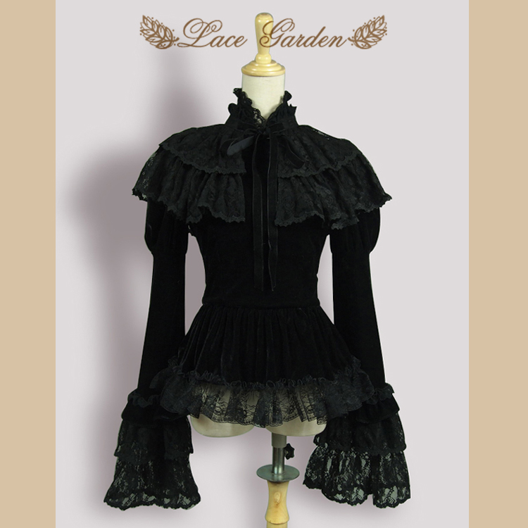 

Vintage Black Velvet Women' Jacket Long Flare Sleeve Top with Layered Lace Ruffle Cape by Lace Garden, As pic