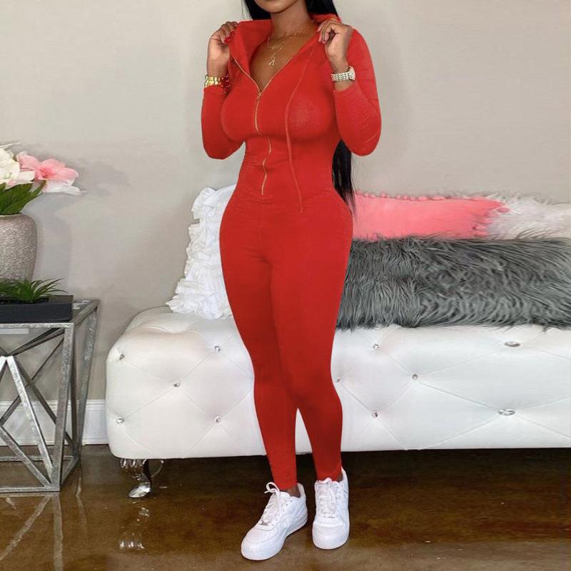 

Fashion Women' Pure Color Zipper Long Leeves V Collar Leisure Time Jumpsuits Sports Suits Clothing Sportswear training sportive, Black
