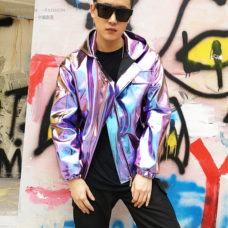 

Men PU Leather Hooded Cap Jacket Hip-Hop Rock Loose Coat Tide Male Singer Dancer Nightclub Dance Team Stage Costume Purple, Gold