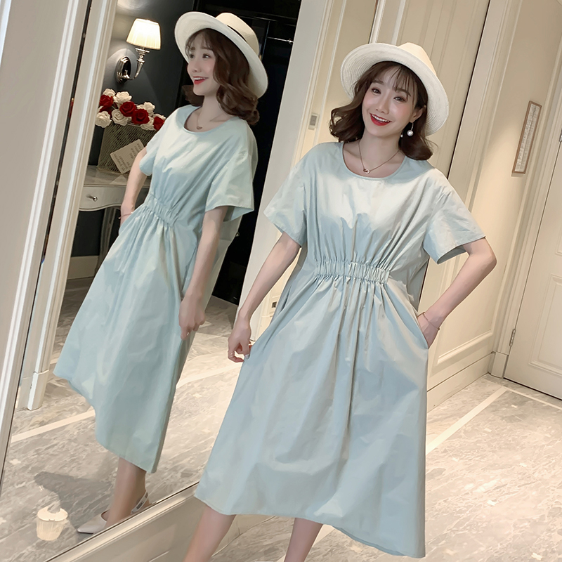 

2605# Maternity Dress Summer Solid Color Cotton Short Sleeve Loose Stylish Dress for Pregnant Women Mom, Blue-gray