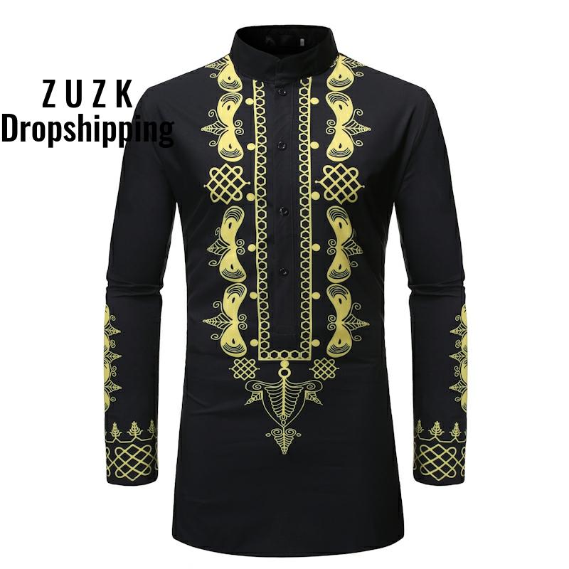 

Men' National Wind Fashion printing Slim Fit Casual Shirt,Men Middle East Style Long Shirt US SIZE, Black