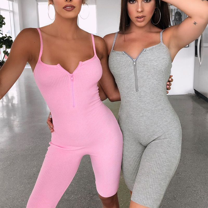 

New 2020 Women Active One-piece Jumpsuit Summer Sexy Suspenders Sexy Shorts Zipper V-neck Sports Fitness Gym Yoga Set Sportswear, White