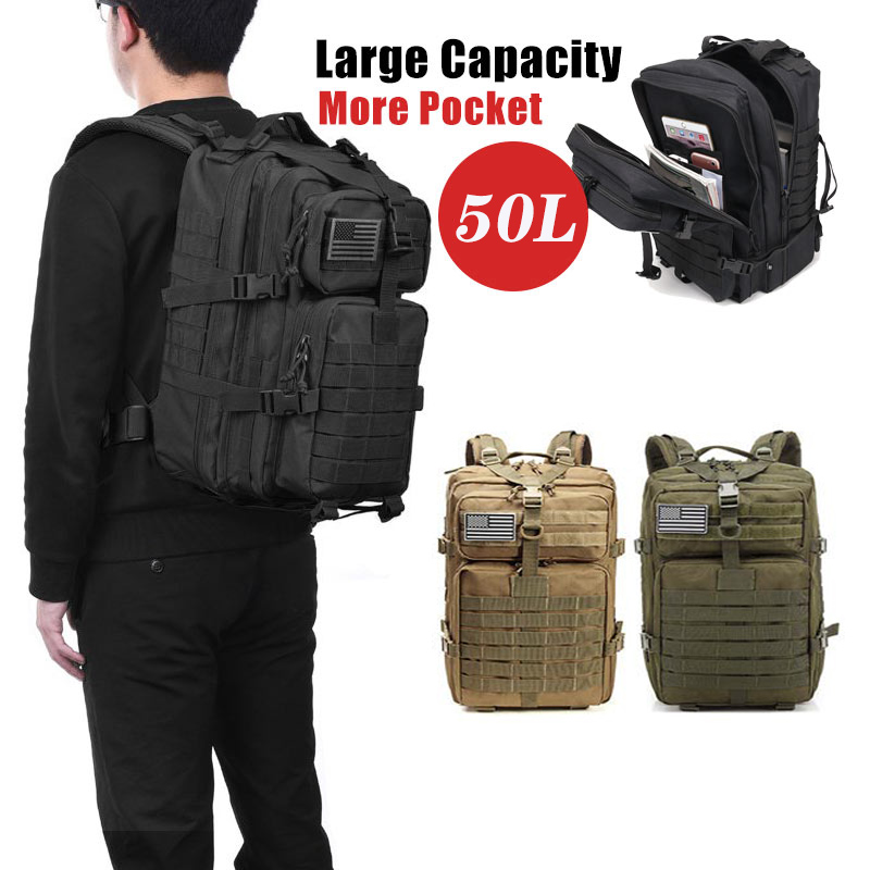 

50L Large Capacity 3P Soft Back Army Tactical Big Backpack Male Waterproof And Insect-Proof Hiking Rucksack Hunting Bag, Black