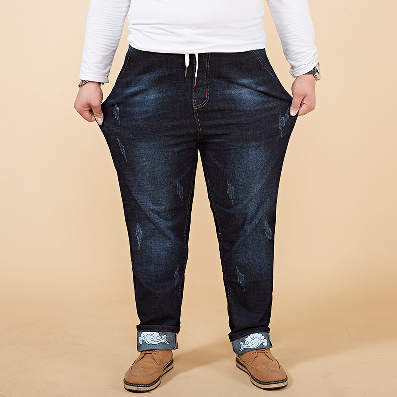 

2020 Spring Autumn Winter Men's Stretch Elastic Waist Jeans Fashion Smart Casual Cotton Denim High Quality Blue Denim Trousers, Blue black