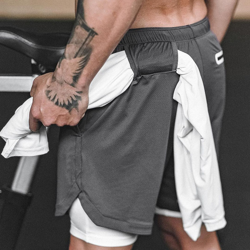 

New 2 IN 1 Sport Shorts Men Double-deck Jogging Running Shorts With Towel Buckle On Outter Layer Telephone Pocket On Inner Layer, Army green