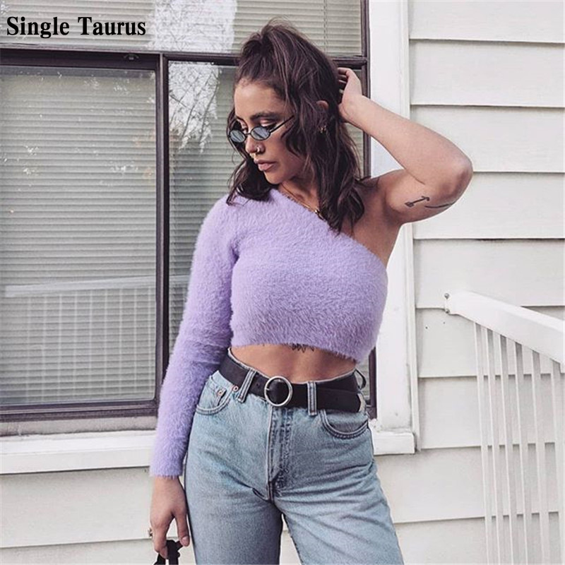 

One Shoulder Sexy Women Sweaters Fashion Skinny Slim Basic Fall Women Sweaters and Pullovers Purple Streetwear Crop Sweater 2020
