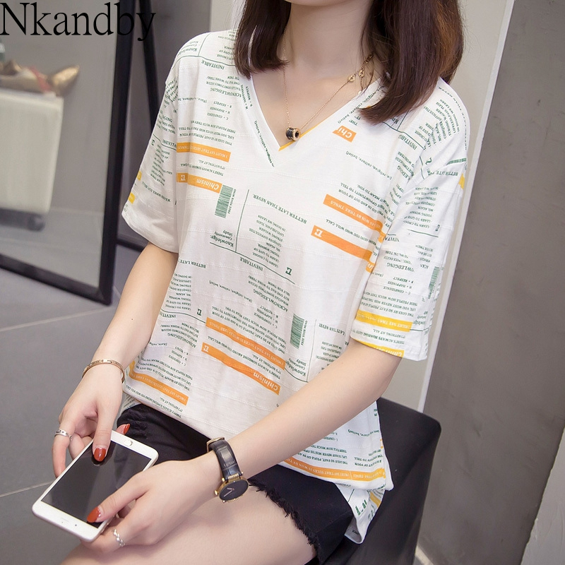 

Plus Size Striped T-shirts 2020 Summer Women T Shirts V Neck Aesthetic Short Sleeve Tops Oversized Hip Hop Tshirt Mujer Letter, Red blue