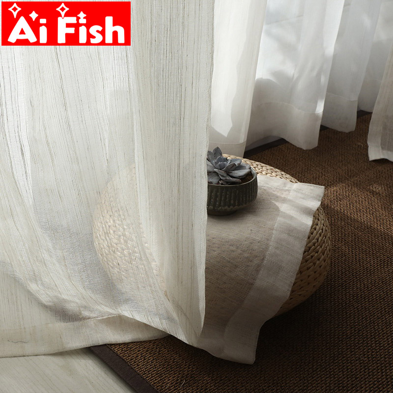 

Nordic Cotton and Linen Curtain Tulle Drapes Japanese Style Fresh Stripe Gorgeous Bedroom Sheer Decorative Balcony Yarn M170#5, Beige tulle