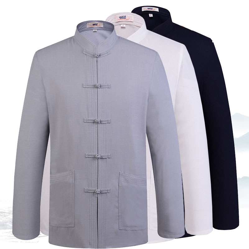 

Solid color Tang suit Chinese men's long-sleeved stand-up collar linen shirt male Hanfu jacket with pocket large size tai chi, Black