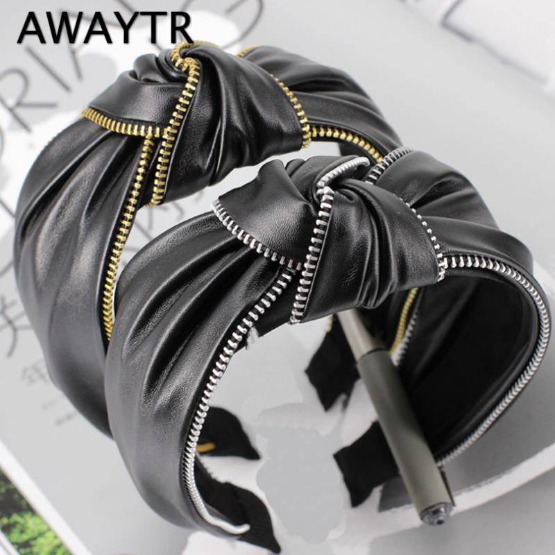 

AWAYTR Fashion New Arrival Hairband Women Classic Artificial Leather Headband Gold Silver Zipper Hair Band Adult Hair Accessorie