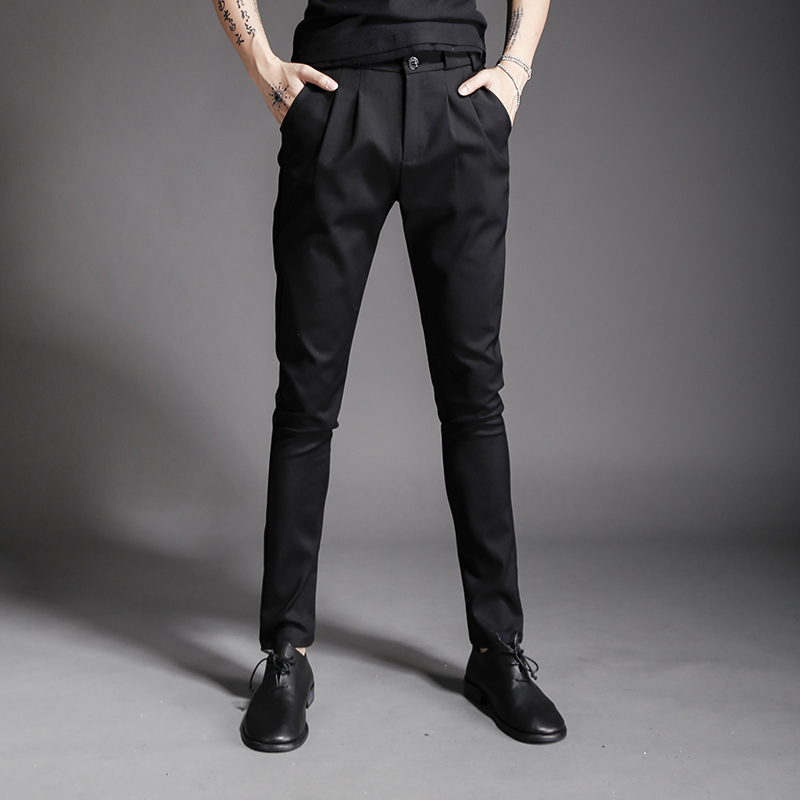 

Men's spring and autumn harem pants new British long pants trendy men's feet stretch slim casual suit, Black