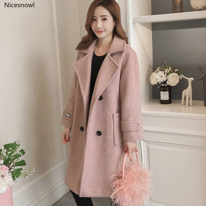 

Autumn and Winter New Women' Korean Slim Was Thin Pure Color Long-sleeved Temperament Medium-Long Section Casual Woolen Coat, Black