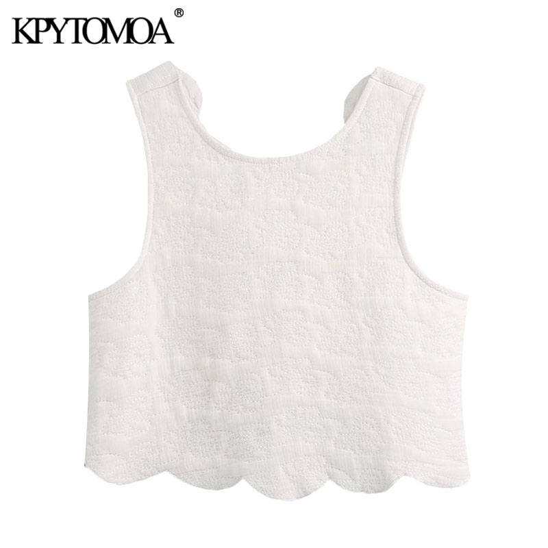 

KPYTOMOA Women 2020 Fashion Wavy Hem Quilted Cropped Blouses Vintage Sleeveless Backless Bow Tied Female Shirts Chic Tops, As picture