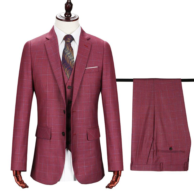 

2020 Men' Wedding Tuxedos New Red Plaid Business Suits Slim Plaids Three-piece Groom Dress Male Suit Jacket Jacket Vest Pants, 02