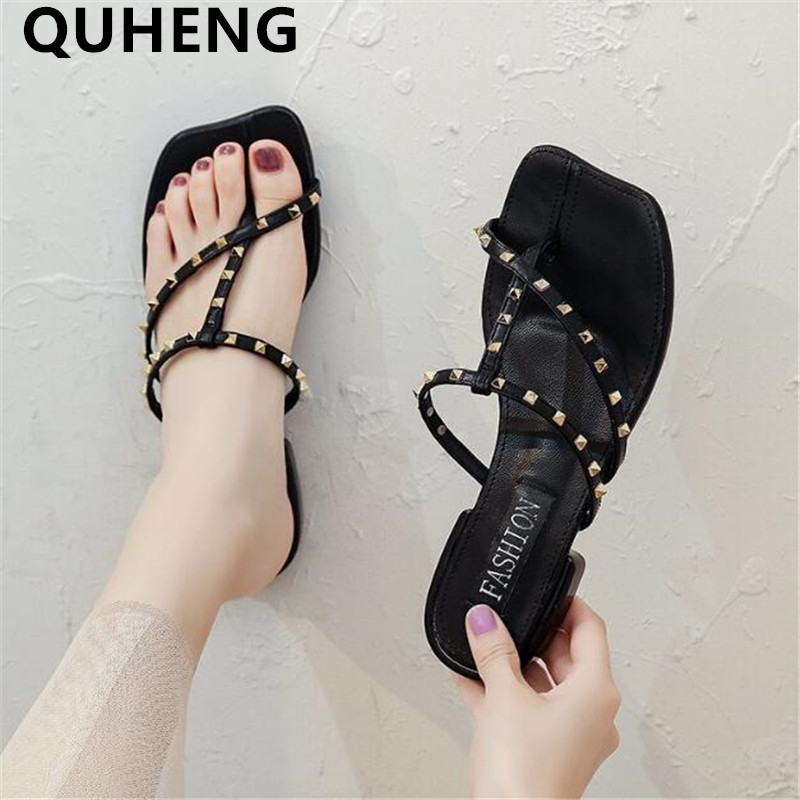 

2020 Summer New Women's Slippers Ladies Thick Heel Rivet Gladiator Folder Toe Woman Flip Flops Sexy Word Buckle Female Sandals, Black