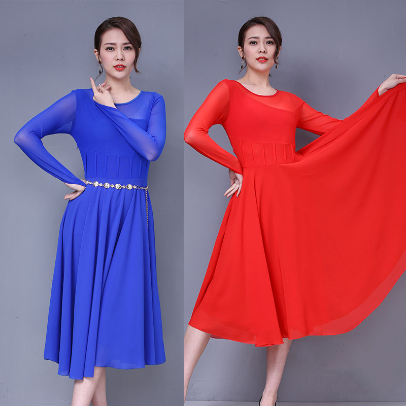 

Ballroom Dance Dress Modern Waltz Dancing Swing Long Sleeve Dress Skirt Elegant Stage Competition Flamenco Rumba Dresses, Blue