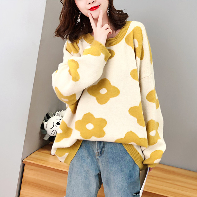

Women Oversize Sweater and Pullovers Autumn Winter O-neck Sweet Flower Printed Elastic Jumpers Long Sleeve Pink Female Loose Str, Green