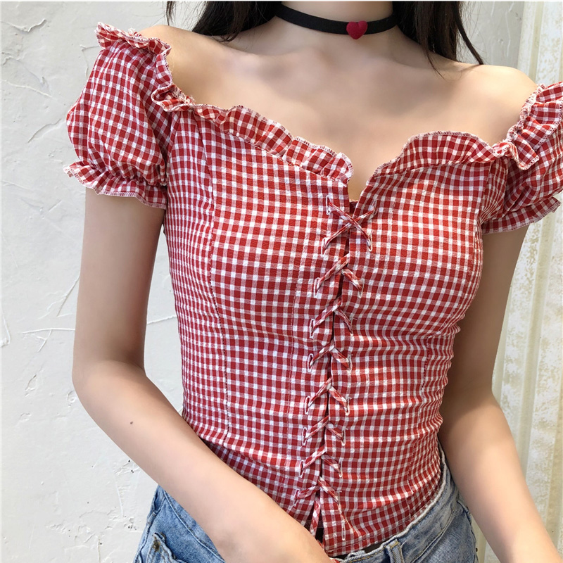

Sexy V-collar Women Crop Top T Shirts Summer Ladies Short Sleeve Ruffle Bow Knot Lace Up Tees Pullovers Street Femme Clothes, Beige