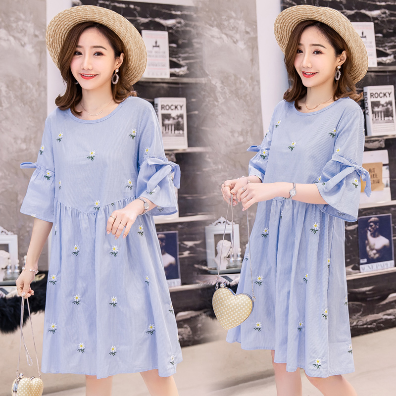 

9502# Maternity Dress Summer Short Sleeve Easy Matching Loose Stylish Embroidery Dress for Pregnant Women Mom, Blue