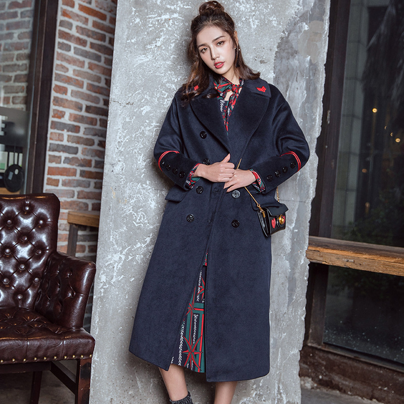 

2020 New Winter Fashion Women Elegant Woolen Coat Female Double Breasted Outwear Ladies Lapel Overcoat Girls Long Section Jacket, Blue