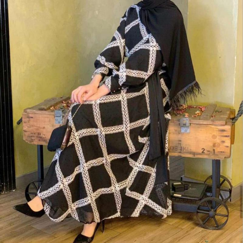 Diamond grid printed peignoir Muslim abaya Dubai fashion embroidery leaves muslim dress abaya female islamic prayers robes F1973-image-558532029