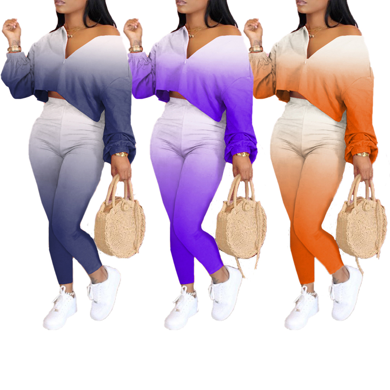 

Ladies Temperament Clothes Suit Women Summer Autumn Gradient Color Long Sleeve Short Top + Casual Long Pants Set, Blue