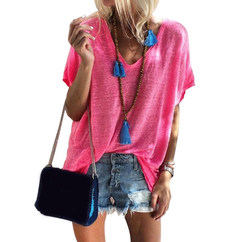 

Outdoor Loose Daily V Neck Cool Short Sleeve Casual Solid Women T Shirt Cotton Blend Soft Shopping Street Attractive Summer, Pink
