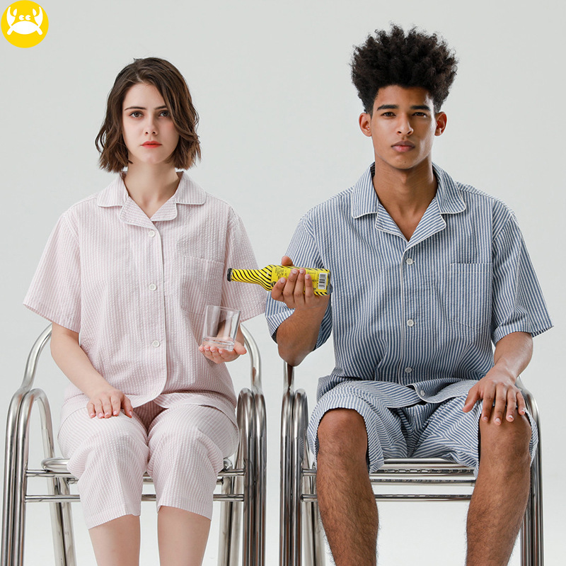 

Couple's summer thin cotton nightwear short sleeve men's stripe sleepwear suit lovers homecloth nighty women loose pajamas set, Women-pink