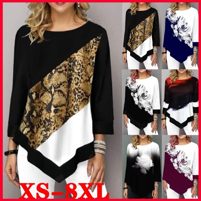 

Women Fashion Printed Casual Irregular Hem Round Neck 3/4 Sleeves Plus Size Leopard Print Loose Pullover Spring Summer T-Shirt, Black
