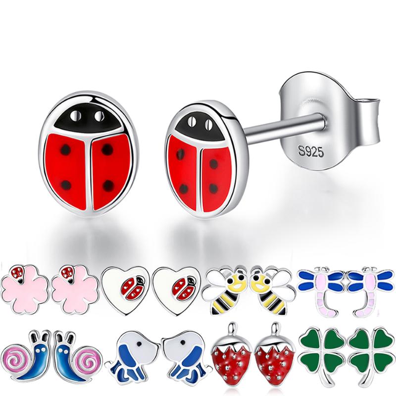 

ELESHE Fashion 925 Sterling Silver Earrings Children Jewelry Red Enamel Animal Small Stud Earrings For Kids Girls Baby