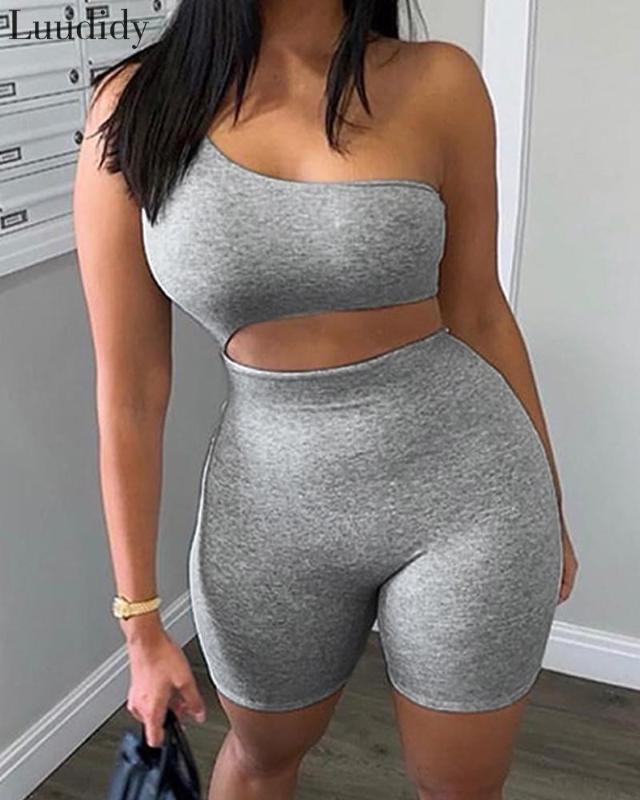 

Women Sexy One Shoulder Slim Fit Cut Out Fitted Romper, Gray