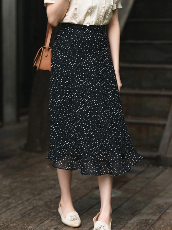 

CYNTHIA Women Chiffon Skirts Female Vintage Summer Dot A-line Ruffles Skirts Fans +3% Discount, Black