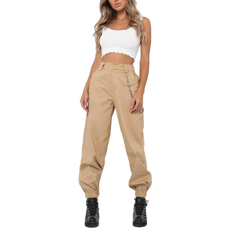 

Women Solid Color Chain Pants, High Waist Side Pocket Zipper Trousers Casual Style Sport Clothes, Black