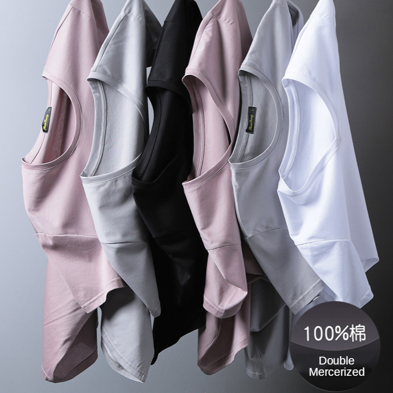 

Brand Double Mercerized Cotton T-shirt Men Short Sleeve Cotton Slim Fit Round Collar Ice Silk White Tshirt Solid Color For Sport, Black